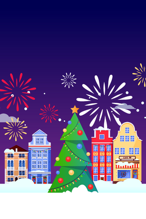 Christmas and New Years vertical greeting card. Christmas tree and old houses in Europe city. Vector flat illustration. Carnival and winter holidays festival banner, poster background design.のイラスト素材