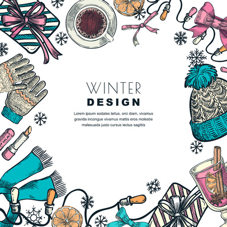 Winter holiday square frame. Vector color sketch illustration. White background with hand drawn fashion clothing, fall accessories, hot drinks and gift boxes. Banner or poster design template.のイラスト素材
