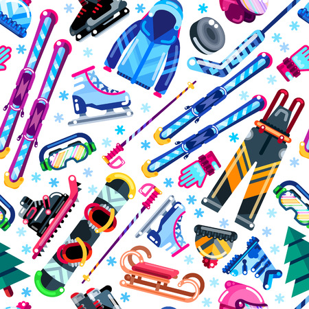 Winter eamless pattern. Colorful sports equipment, clothes and accessories on white background. Vector illustration.のイラスト素材