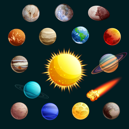 Solar system vector illustration. Sun, planets, satelites cartoon space icons and design elements.のイラスト素材