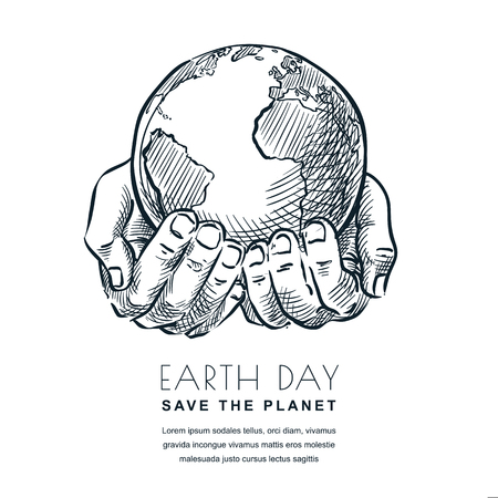 Earth Day vector sketch isolated illustration. Hands holding Earth planet. Banner or poster design template for environmental ecology themesのイラスト素材