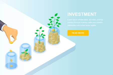 Investment and finance growth business concept. Hand putting coin in clear jar, vector 3d isometric illustration. Banner, landing page design template.のイラスト素材