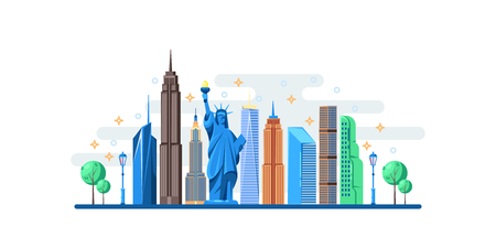 New York cityscape with famous touristic landmarks. Vector flat illustration. Travel to USA horizontal banner design elements.のイラスト素材