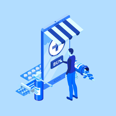 Online pharmacy store. Vector 3d isometric illustration. Man and drugstore on smartphone screen. Medicine and healthcare mobile app concept.のイラスト素材