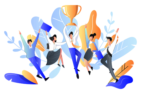 Successful team or teamwork concept. Vector flat style illustration. Happy young people got prize, business metaphor.のイラスト素材