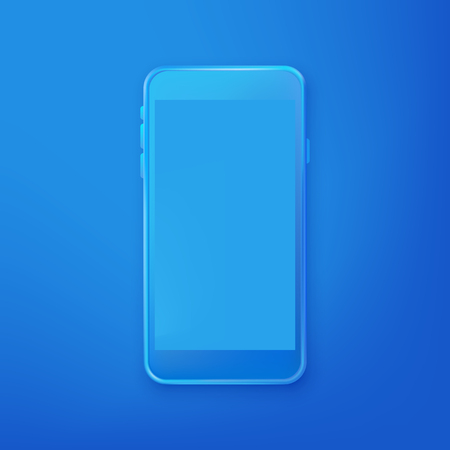 Smartphone mockup design template. Vector realistic 3d illustration of blue plastic mobile phone on blue gradient background. Blank screen modern device.のイラスト素材