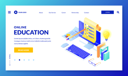 Online computer quiz. Landing page or banner design template. Vector 3d isometric illustration. Internet education, learning and training concept.のイラスト素材