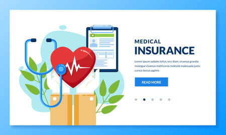 Health insurance concept. Vector flat medical care illustration. Hands holding heart and health insurance sheet. Landing page or banner design template for medicine and healthcare themes.のイラスト素材