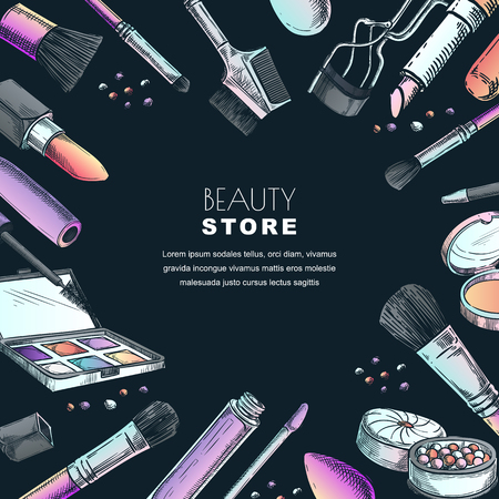 Makeup banner, poster or label design template.Sketch vector illustration of facial cosmetic. Beauty shop black frame background.のイラスト素材