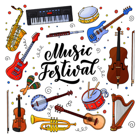 Music festival banner or poster design elements. Vector doodle style illustration. Hand drawn calligraphy lettering, jazz and rock music instruments, isolated on white background.のイラスト素材