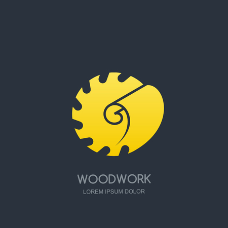 Woodwork and carpentry logo emblem concept. Circular saw and wood shaving, vector label icon design.のイラスト素材