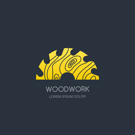 Woodwork and carpentry logo emblem concept. Circular saw with wooden rings texture, vector label icon design.のイラスト素材