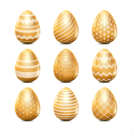 Easter 3d realistic eggs with geometric texture. Vector holiday design elements. Golden eggs with white pattern.のイラスト素材