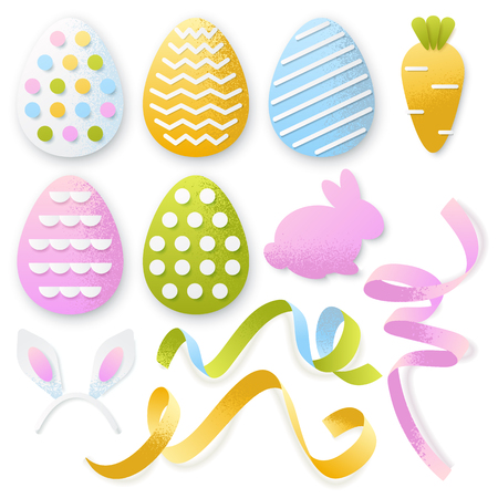 Easter 3d paper cut eggs, ribbons, rabbit set. Vector holiday craft handmade design elements on white background.のイラスト素材