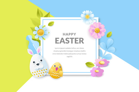 Happy Easter vector banner or poster template. Holiday frame background with 3d paper cut funny characters faces eggs, flowers and leaves. Creative handmade greeting card design.のイラスト素材