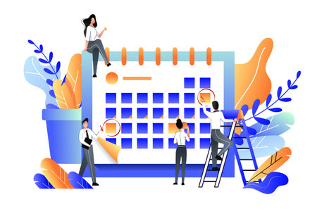 Planning, management, deadline and time management business concept. Vector flat illustration. Team makes office work schedule.のイラスト素材
