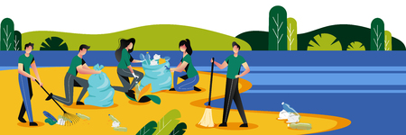 Group of young people cleaning plastic garbage on waterfront. Volunteering, ecology and environment concept. Vector flat illustration.のイラスト素材