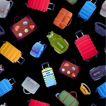 Seamless pattern with luggage suitcase and handbags. Summer travel baggage background design. Vector cartoon illustration.のイラスト素材