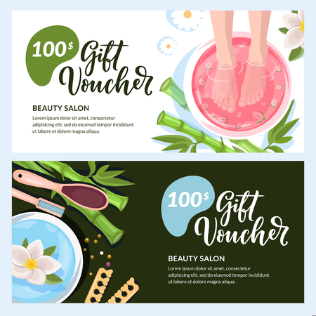 Pedicure gift card, voucher, certificate or coupon vector design layout. Discount banner template for beauty salon and spa procedures.のイラスト素材