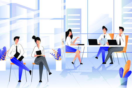 Job interview with candidate in company office. Recruitment and hiring business concept. Vector trendy flat illustration.のイラスト素材