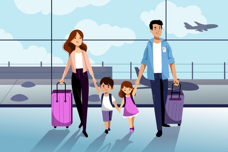 Happy family with two kids going to their summer vacation. Family travel by airplane. Young woman, man, boy and girl in airport. Vector flat cartoon illustration.のイラスト素材
