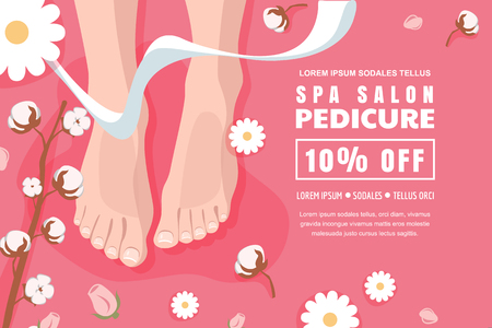 Spa salon and relaxation, banner, poster design template. Pink discount flyer layout for female pedicure and foot care. Womens feet legs and camomille flowers, top view vector cartoon illustration.のイラスト素材