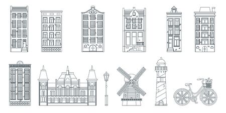Amsterdam city buildings, mill, lighthouse and bike, black white line art isolated icons. Vector illustration. Travel to Netherlands design elements.のイラスト素材