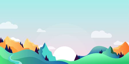 Mountains and green hills landscape, horizontal nature background. Vector cartoon illustration of summer or spring morning.のイラスト素材