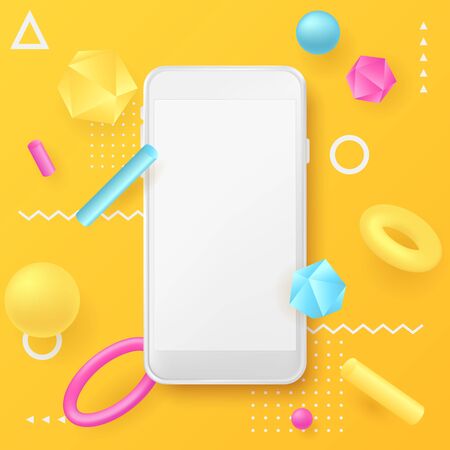 Smartphone mockup, memphis style poster, banner design template. Vector realistic 3d illustration of white plastic mobile phone, abstract geometric shapes on yellow background.のイラスト素材