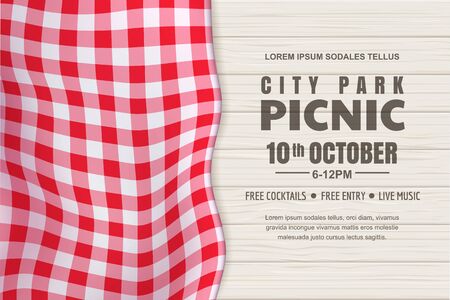 Picnic horizontal background. Vector poster or banner design template with realistic red gingham tablecloth on white wooden table. Restaurant, cafe menu design elements.のイラスト素材