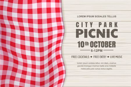 Picnic horizontal background. Vector poster or banner design template with realistic red gingham tablecloth on white wooden table. Restaurant, cafe menu design elements.