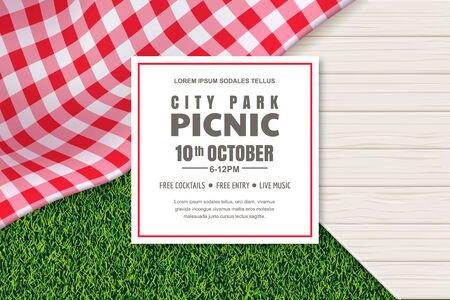 Picnic poster or banner design template. Vector background with realistic red gingham plaid or tablecloth, white wooden table and green grass lawn. Restaurant, cafe menu design elements.のイラスト素材