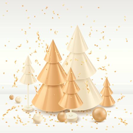 Christmas gold and white holiday decoration and design elements. Vector 3d illustration of golden Christmas tree, balls and confetti isolated on white background. Luxury modern New Years toys.のイラスト素材
