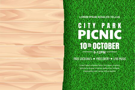 Picnic horizontal background. Vector poster or banner design template with realistic light brown wooden table on green grass lawn. Summer street food outdoors events concept.のイラスト素材