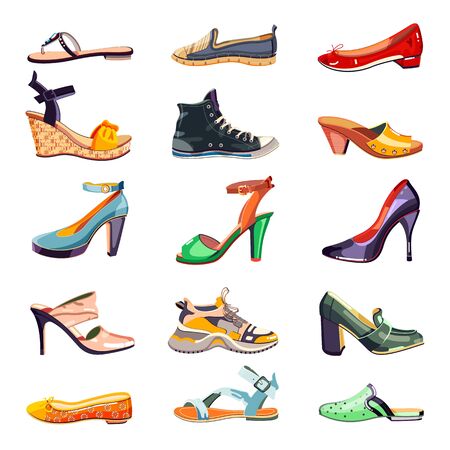 Female fashion elegant shoes icons and design elements set. Vector cartoon illustration. Summer, autumn and spring trendy footwear collection, isolated on white background.のイラスト素材