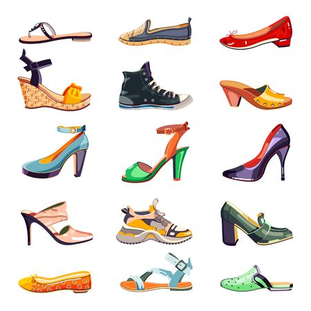 Female fashion elegant shoes icons and design elements set. Vector cartoon illustration. Summer, autumn and spring trendy footwear collection, isolated on white background.