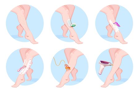 Epilation and cosmetology, beauty salon procedures set. Laser and wax epilation methods, vector cartoon illustration. Applying hair removal methods on female legs.のイラスト素材
