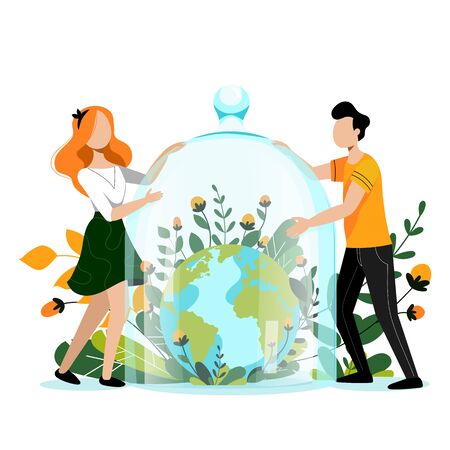 Taking care and saving Earth planet concept. People holding protection glass dome above Earth. Environment, ecology, nature protection vector flat cartoon illustration.のイラスト素材
