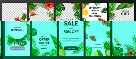 Stories, news or post vector template for social network. Story tropical background. Trendy summer design for fashion sale and special offer flyers.のイラスト素材