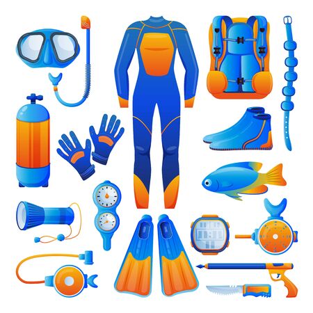 Diving and snorkelling equipment, icons and design elements set, isolated on white background. Vector flat cartoon illustration. Water and underwater extreme sports gears and accessories.のイラスト素材