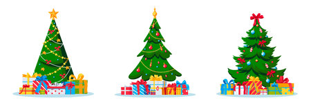 Decorated holiday Christmas trees. Vector flat cartoon illustration. Celebrating New Year Eve greeting cards design elements. Set of fir-trees with baubles and toys, isolated on white backgroundのイラスト素材