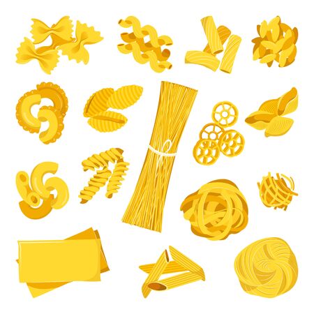 Pasta collection isolated on white background. Vector flat cartoon macaroni illustration. Italian cuisine, food icons and design elements set.のイラスト素材