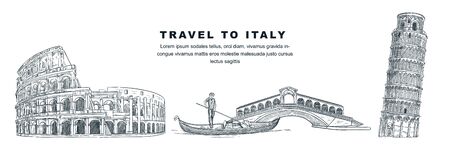 Travel to Italy hand drawn design elements. Vector sketch illustration of Colosseum, Leaning Tower of Pisa, Rialto Bridge. Rome, Venice, Pisa famous symbols isolated on white background.のイラスト素材