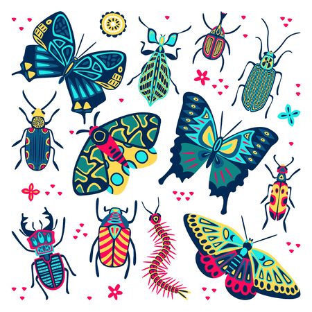 Bright multicolor butterfly, beetles and bugs set. Vector flat cartoon illustration. Decorative insects collection. Summer design elements isolated on white background.のイラスト素材