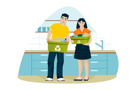 Man and woman clean up house and sort trash in kitchen. Young couple recycle of household waste. Vector flat cartoon illustration. Ecological people lifestyle.のイラスト素材