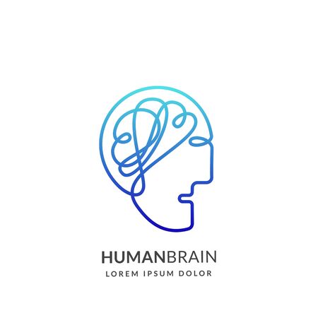 Human head and brain sign or emblem design template, isolated on white background. Abstract continuous line creative idea vector icon. Concept for education technologies and business innovationsのイラスト素材