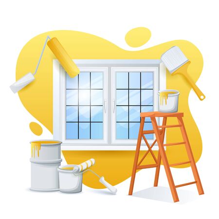 Renovation and painting house concept. Vector flat cartoon illustration. Ladder, paint cans, roller, paintbrush on yellow color painted wall background. Works of home repair.のイラスト素材