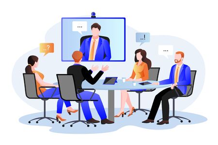 Business team at the video conference call in boardroom. Vector flat cartoon illustration. Online meeting with CEO, manager or director. Consulting and training concept.のイラスト素材