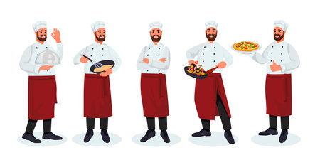 Chef with mustache and beard in different poses, on white background. Vector flat illustration. Cooking man cartoon character in hat and uniform. Menu or culinary school isolated design elementsのイラスト素材