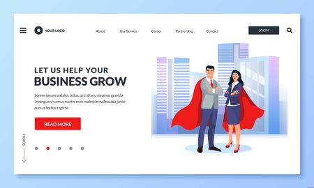 Businessman and businesswoman in red superhero cloaks against cityscape. Vector business illustration for web landing page, banner, poster design. Concept of achievement, leadership, successful careerのイラスト素材